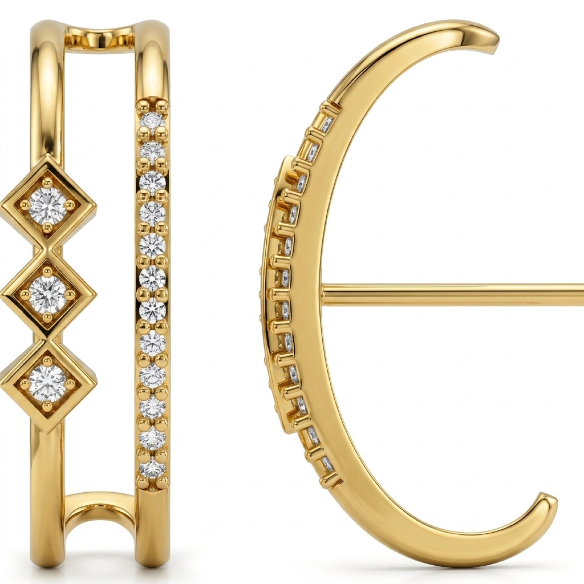18K Gold Geometric Diamond Double-Bar Hoop Earrings
