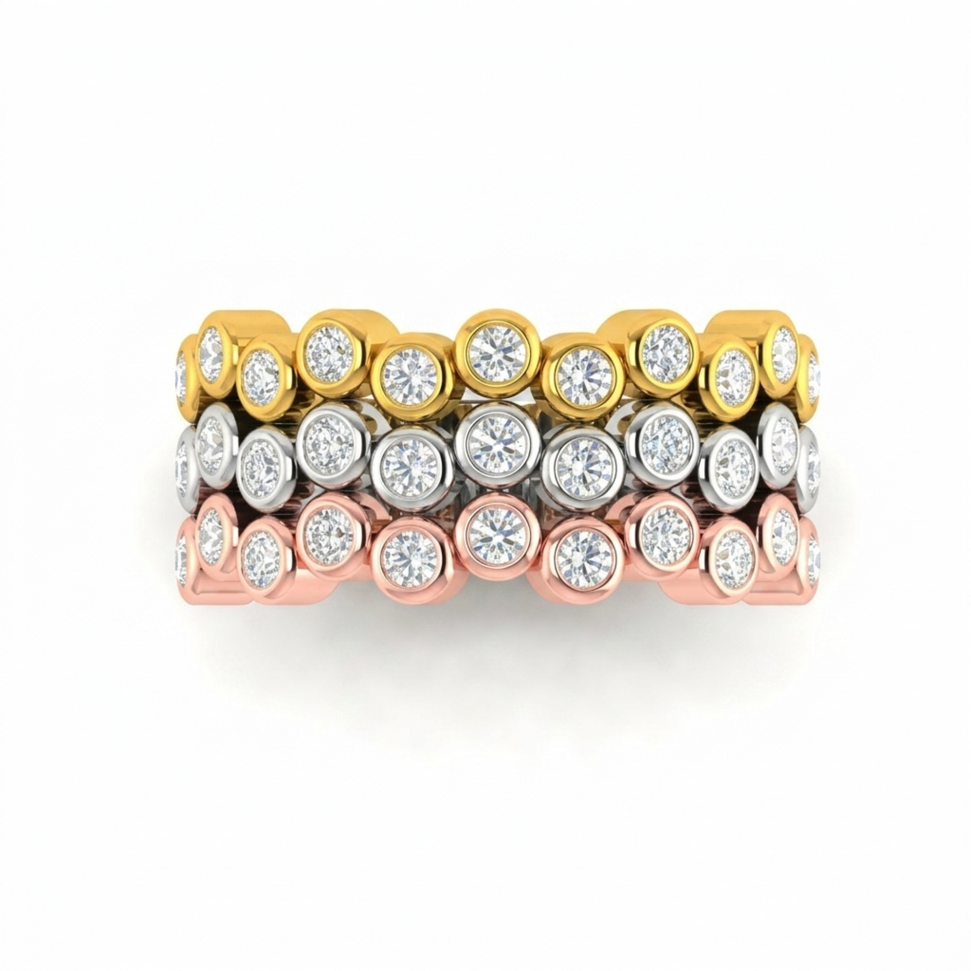 Tri-Color Bezel-Set Diamond Multi-Row Band Ring